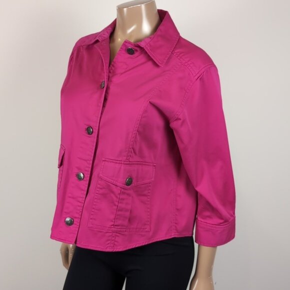 Peter Nygard Fuchsia Pink Jean Jacket Cropped Sleeve Cotton Denim Buttoned - Picture 4 of 15